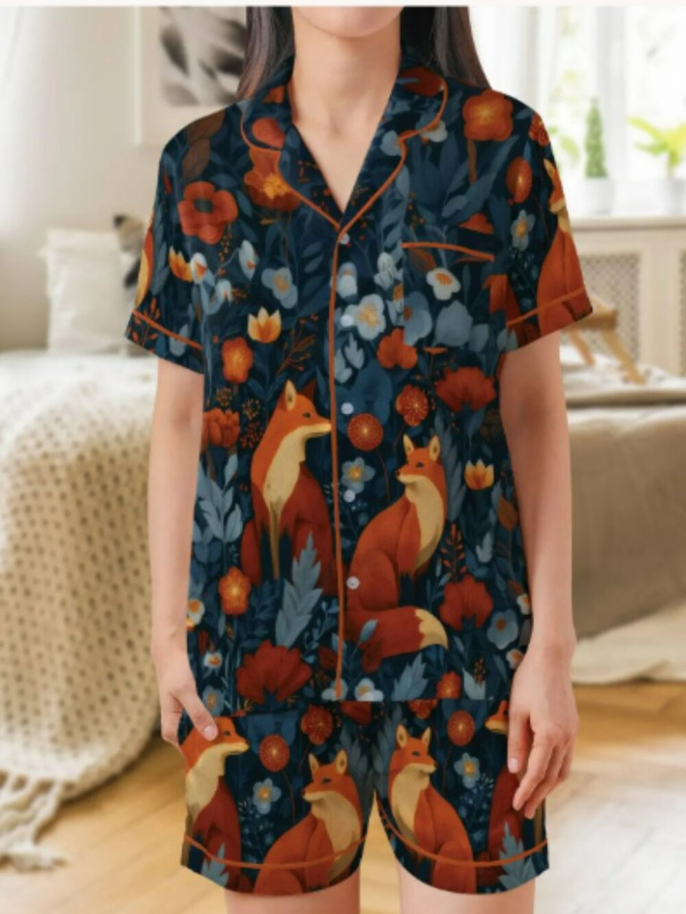 Red Fox Satin Pajama Set: Women's Short Sleeve Sleepwear